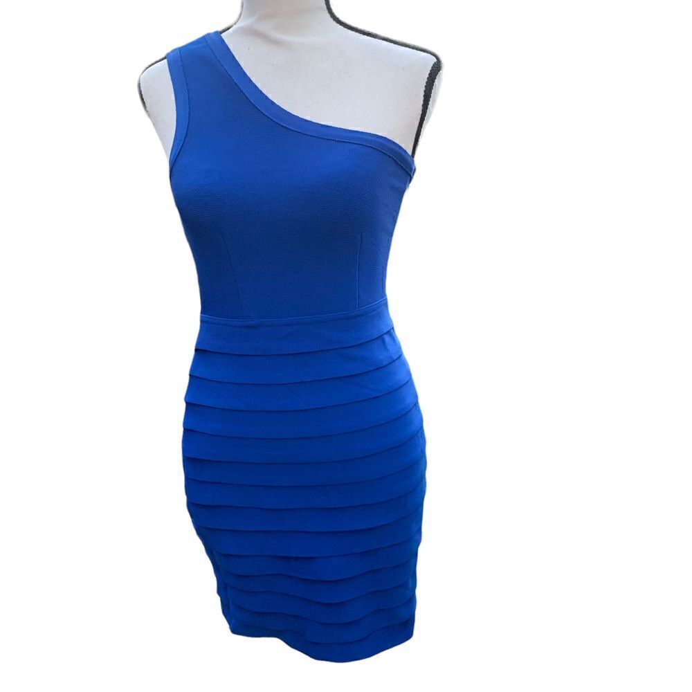 Wow-Couture Blue Body-Con Mini-Dress One-Shoulder Stretchy Bandage Ribbed‎